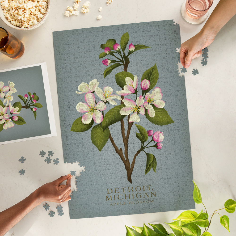Detroit, Michigan, Vintage Flora, State Series, Apple Blossom, Jigsaw Puzzle Puzzle Lantern Press 