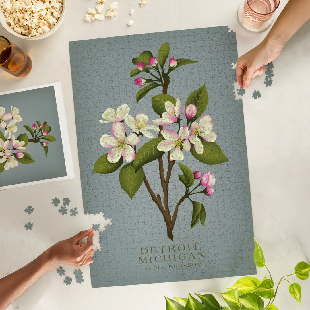 Detroit, Michigan, Vintage Flora, State Series, Apple Blossom, Jigsaw Puzzle Puzzle Lantern Press 