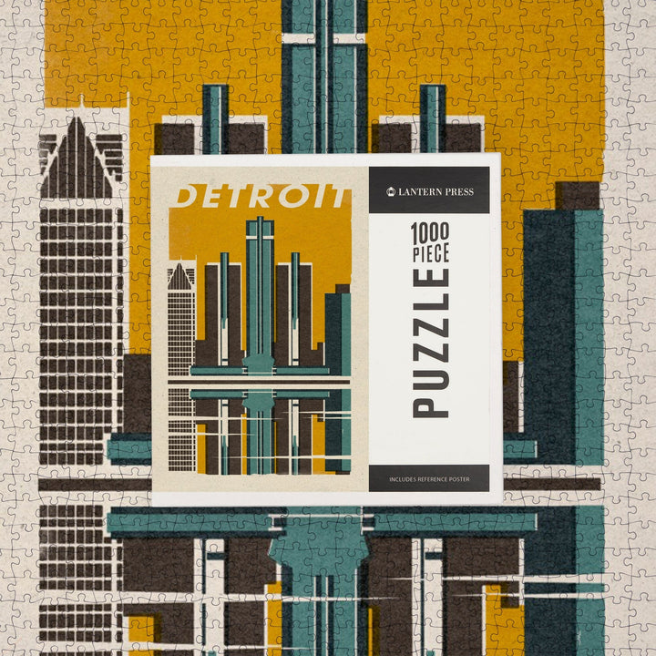 Detroit, Michigan, Woodblock, Jigsaw Puzzle Puzzle Lantern Press 