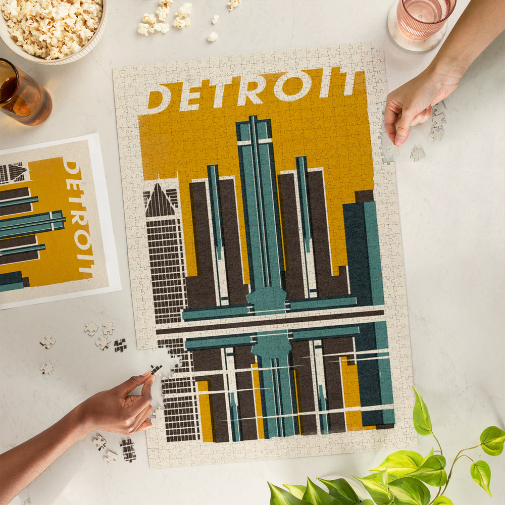 Detroit, Michigan, Woodblock, Jigsaw Puzzle Puzzle Lantern Press 