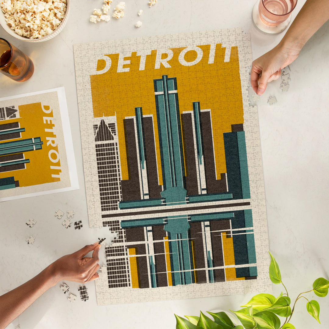 Detroit, Michigan, Woodblock, Jigsaw Puzzle Puzzle Lantern Press 