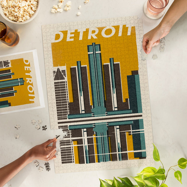 Detroit, Michigan, Woodblock, Jigsaw Puzzle Puzzle Lantern Press 