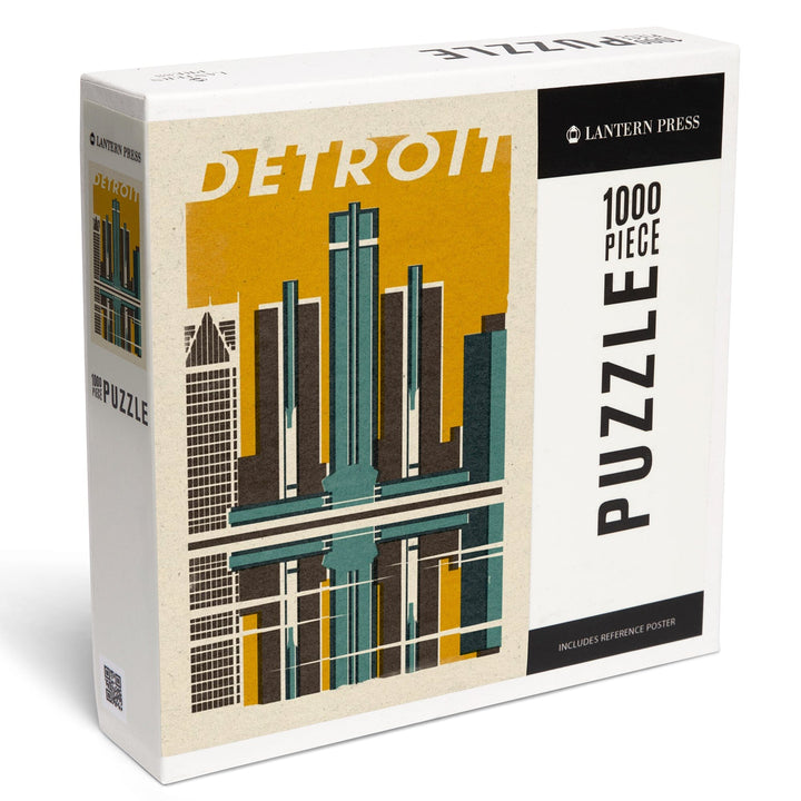 Detroit, Michigan, Woodblock, Jigsaw Puzzle Puzzle Lantern Press 
