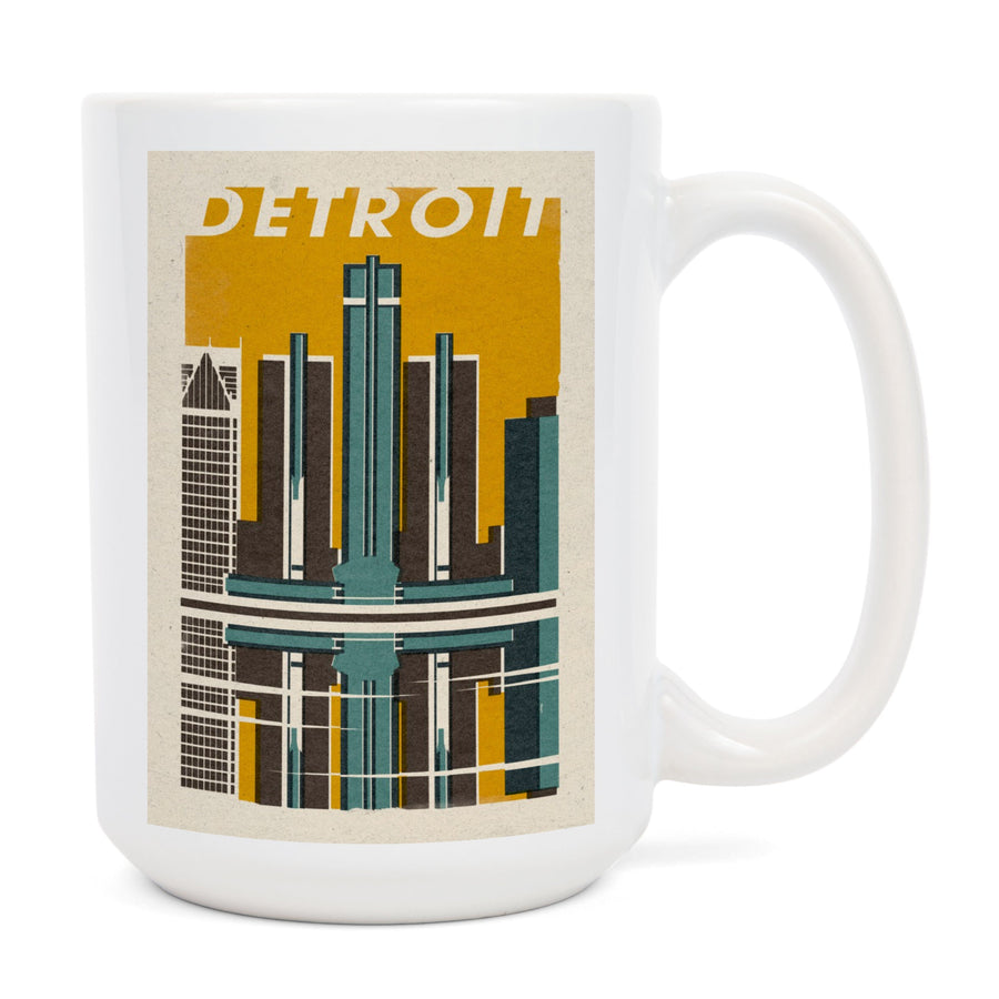 Detroit, Michigan, Woodblock, Lantern Press Artwork, Ceramic Mug Mugs Lantern Press 