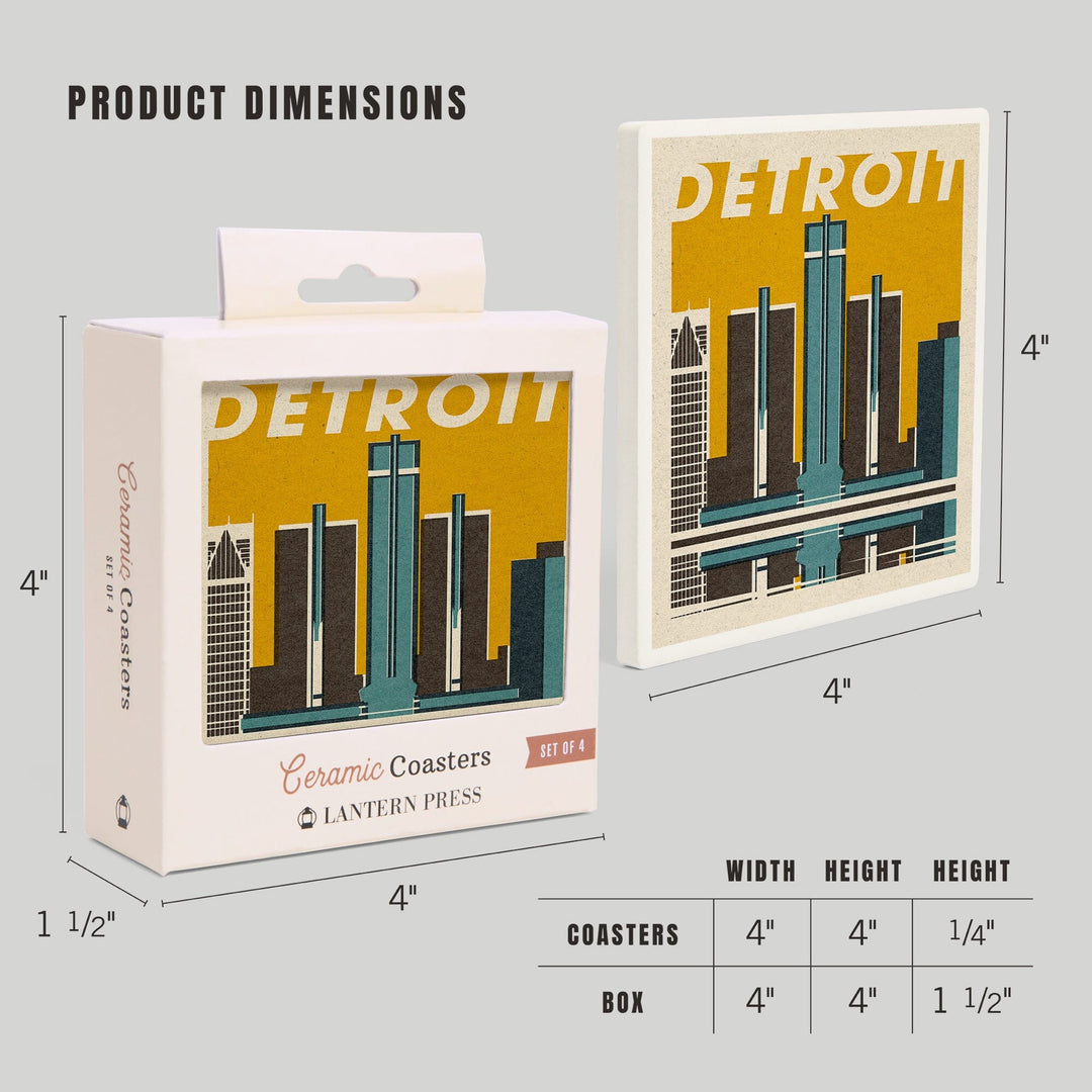 Detroit, Michigan, Woodblock, Lantern Press Artwork, Coaster Set - Lantern Press