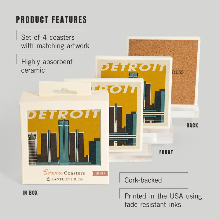 Detroit, Michigan, Woodblock, Lantern Press Artwork, Coaster Set - Lantern Press