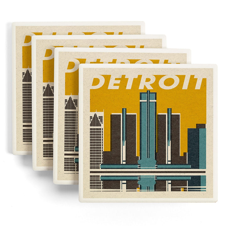 Detroit, Michigan, Woodblock, Lantern Press Artwork, Coaster Set - Lantern Press