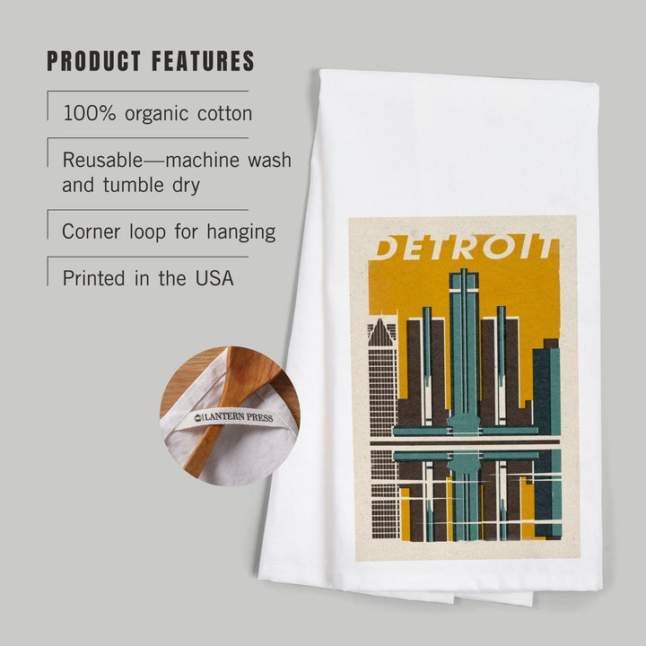 Detroit, Michigan, Woodblock, Organic Cotton Kitchen Tea Towels Kitchen Lantern Press 