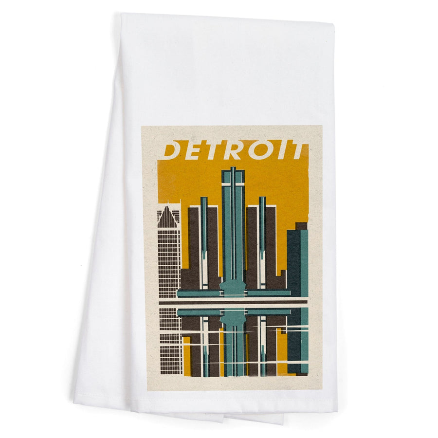 Detroit, Michigan, Woodblock, Organic Cotton Kitchen Tea Towels Kitchen Lantern Press 