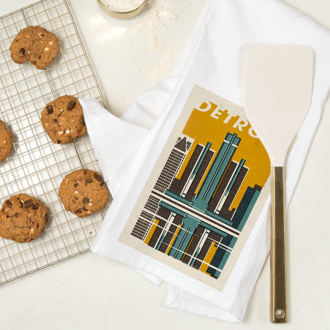 Detroit, Michigan, Woodblock, Organic Cotton Kitchen Tea Towels Kitchen Lantern Press 