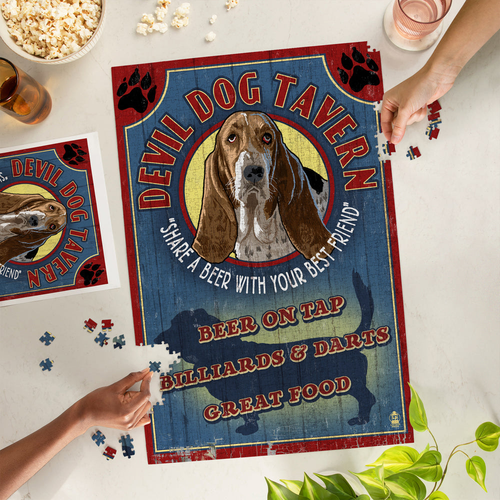 Devil Dog Tavern Vintage Sign, Basset Hound, Jigsaw Puzzle Puzzle Lantern Press 
