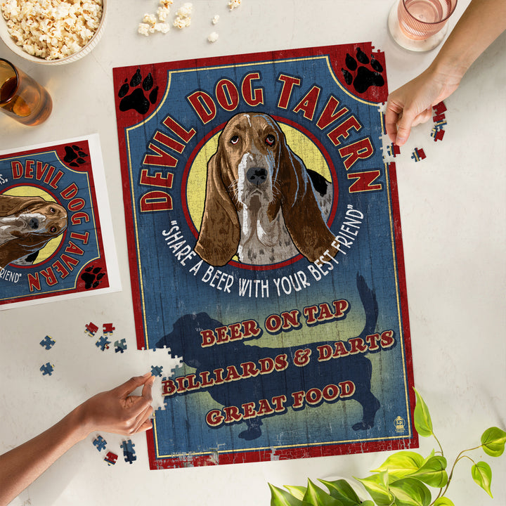 Devil Dog Tavern Vintage Sign, Basset Hound, Jigsaw Puzzle Puzzle Lantern Press 