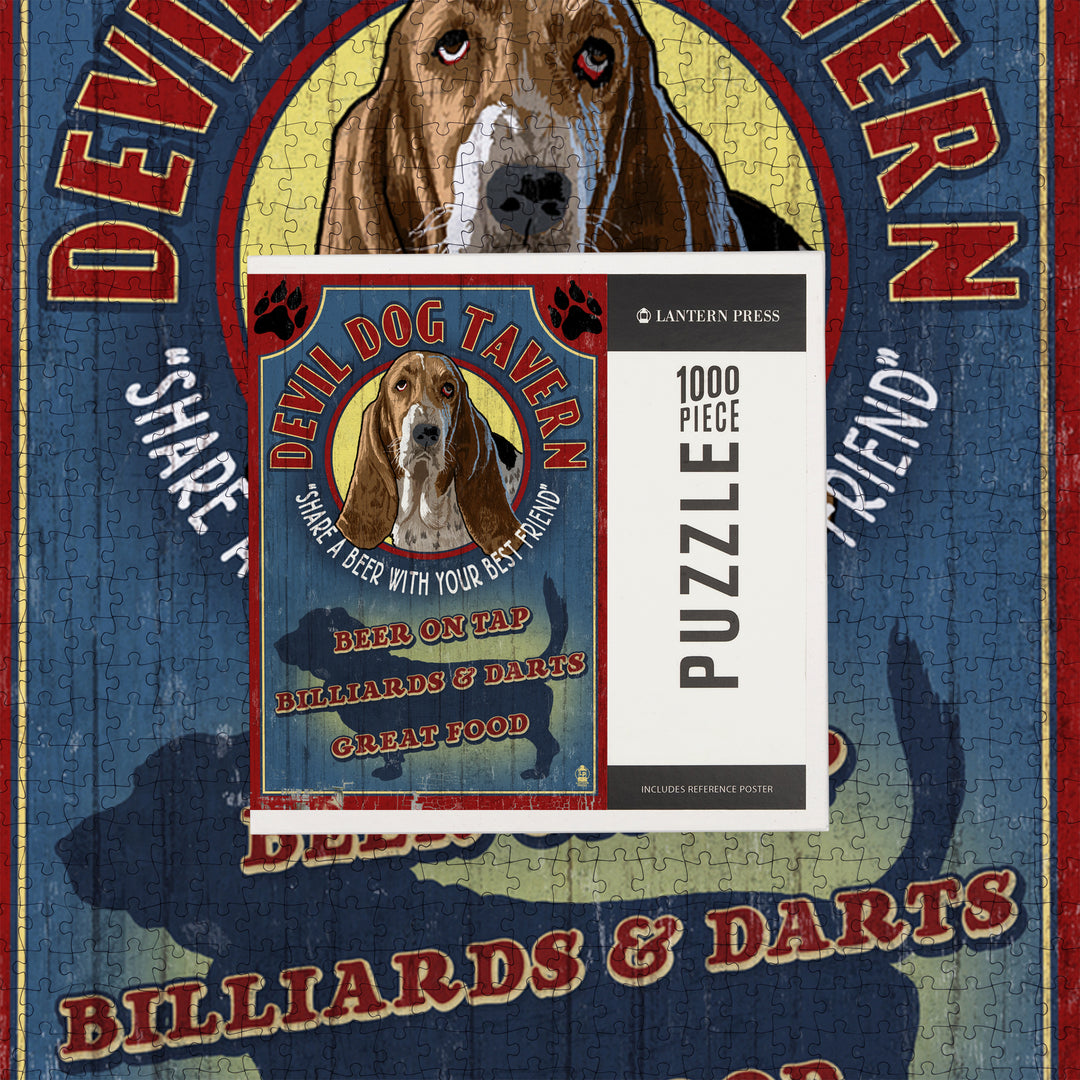 Devil Dog Tavern Vintage Sign, Basset Hound, Jigsaw Puzzle Puzzle Lantern Press 