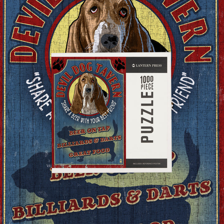 Devil Dog Tavern Vintage Sign, Basset Hound, Jigsaw Puzzle Puzzle Lantern Press 