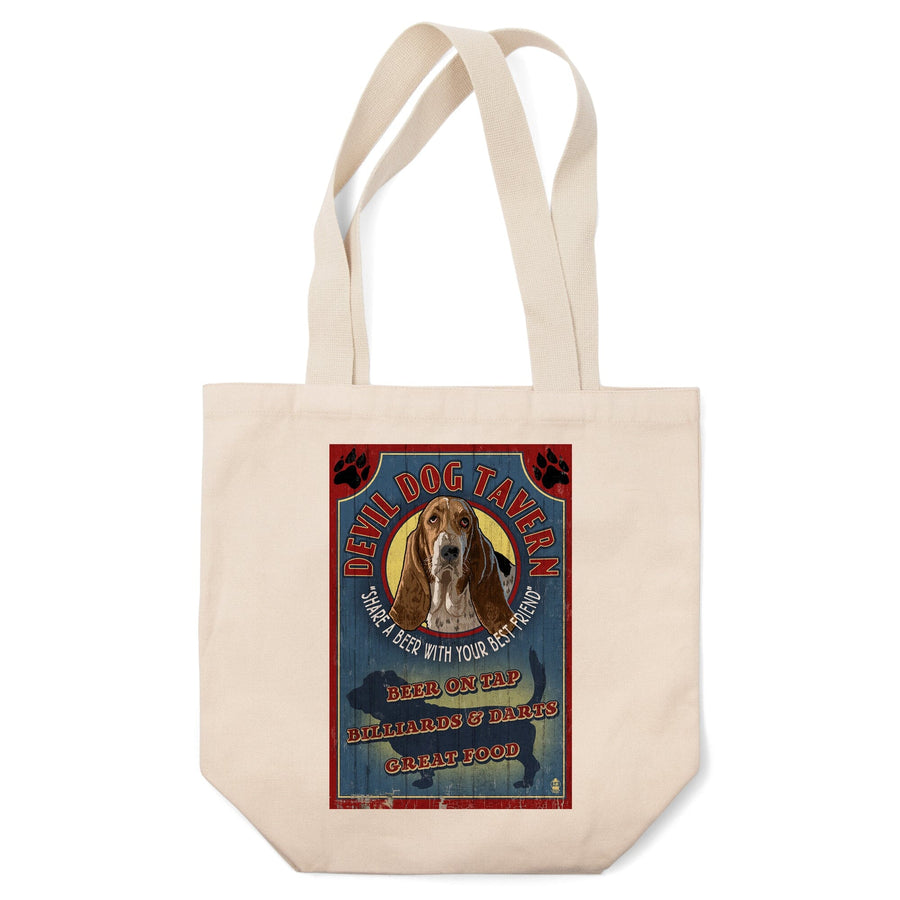 Devil Dog Tavern Vintage Sign, Basset Hound, Tote Bag Totes Lantern Press 