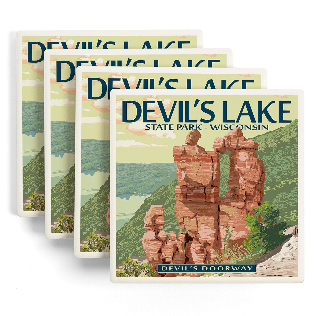 Devil's Lake Park, Wisconsin, Devil's Doorway, Lantern Press Artwork, Coaster Set - Lantern Press