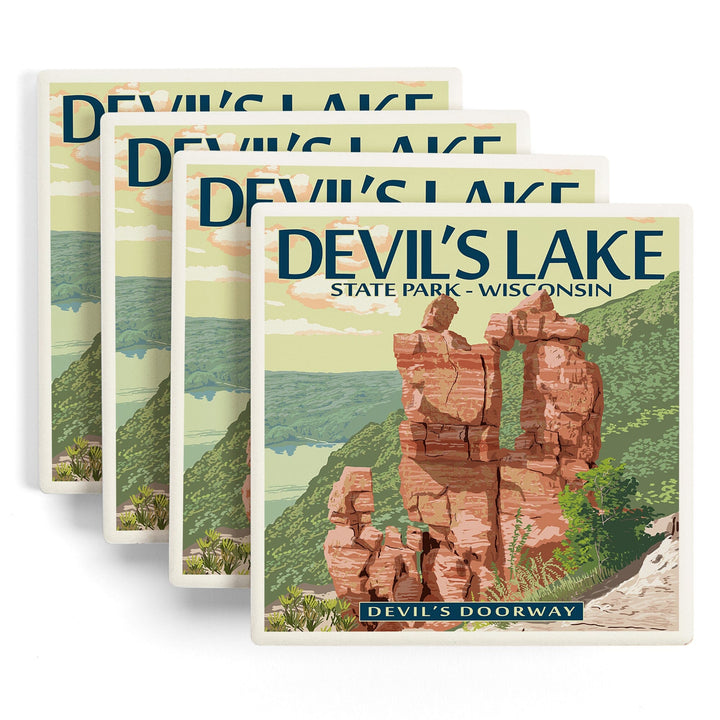 Devil's Lake Park, Wisconsin, Devil's Doorway, Lantern Press Artwork, Coaster Set - Lantern Press