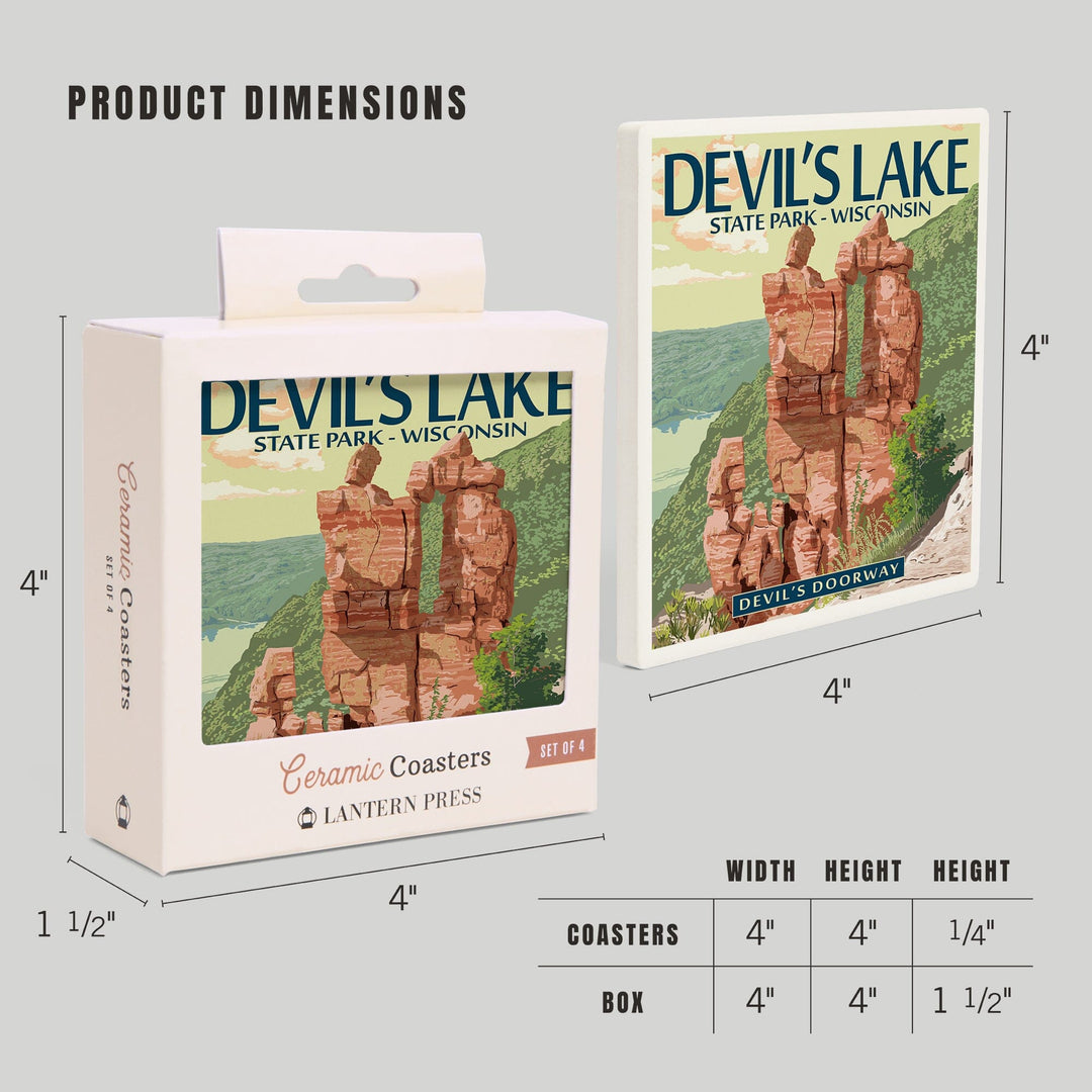 Devil's Lake Park, Wisconsin, Devil's Doorway, Lantern Press Artwork, Coaster Set - Lantern Press