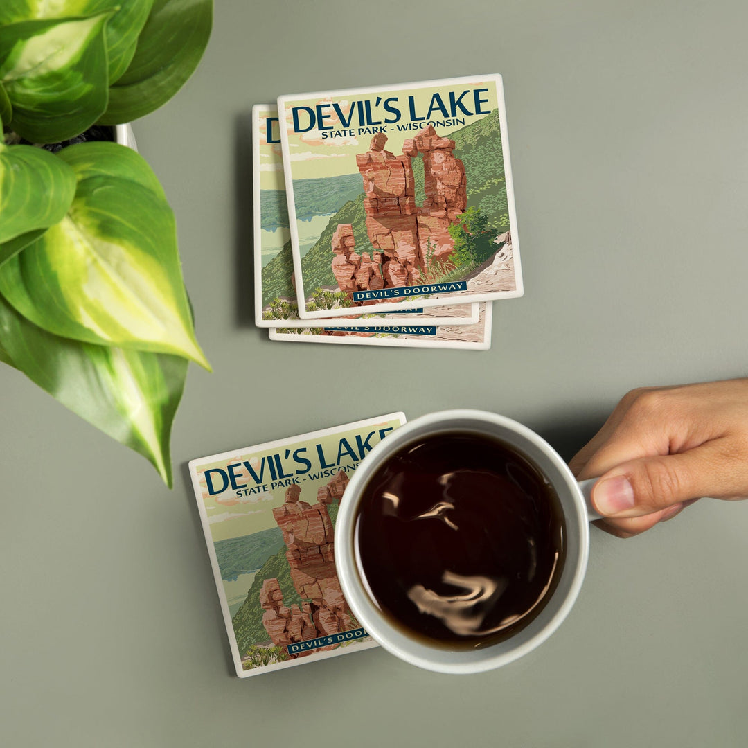 Devil's Lake Park, Wisconsin, Devil's Doorway, Lantern Press Artwork, Coaster Set - Lantern Press