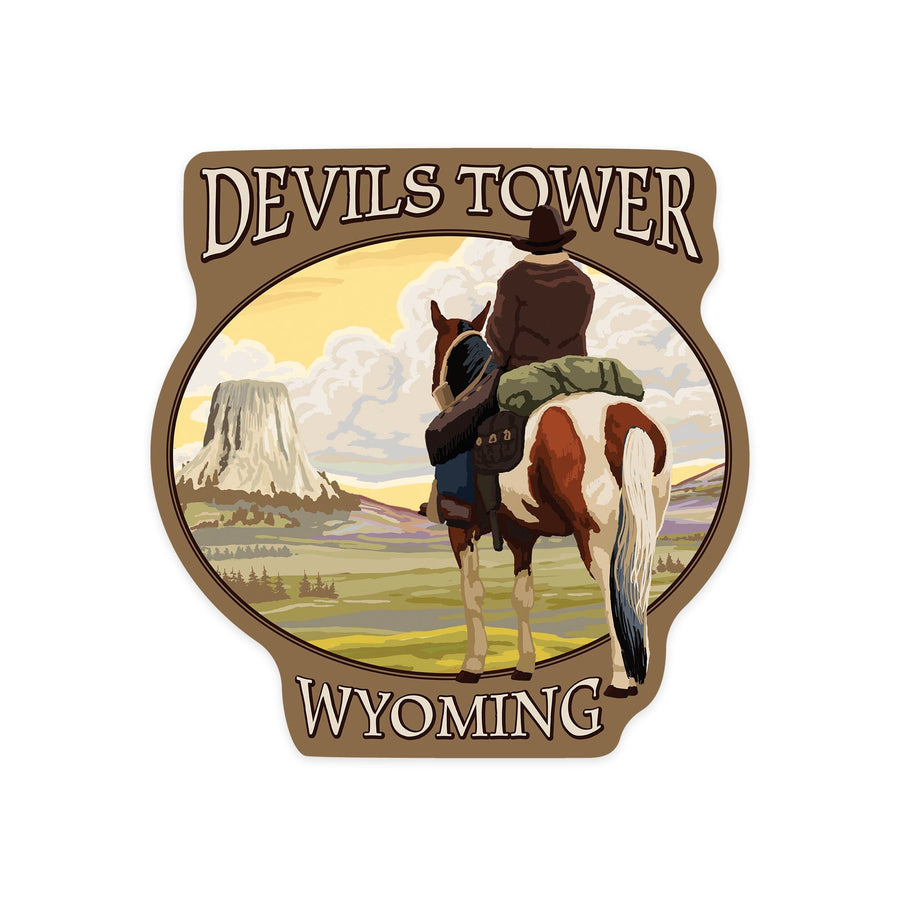 Devils Tower, Wyoming, Cowboy and Devils Tower, Contour, Vinyl Sticker Sticker Lantern Press 