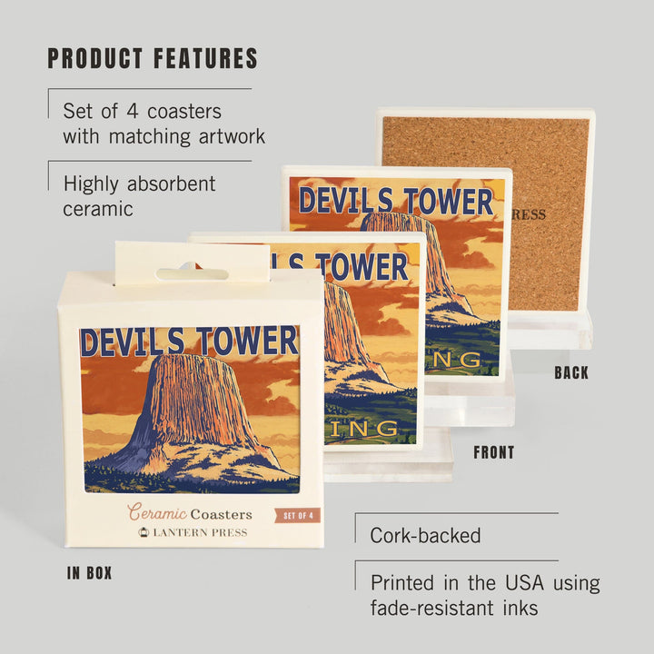 Devils Tower, Wyoming, Lantern Press Artwork, Coaster Set - Lantern Press