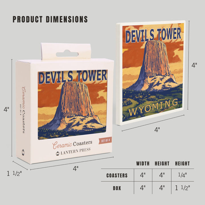 Devils Tower, Wyoming, Lantern Press Artwork, Coaster Set - Lantern Press