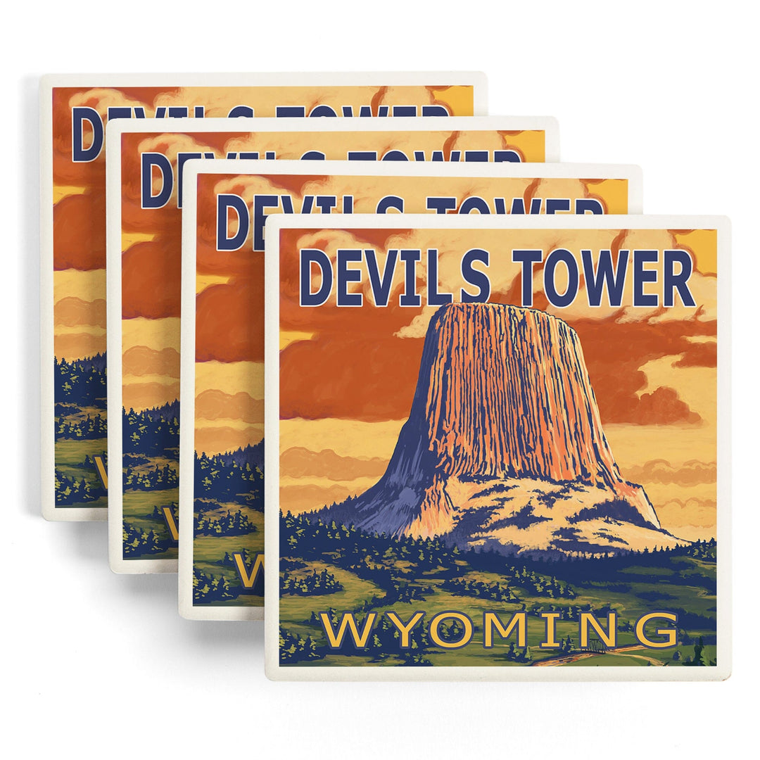 Devils Tower, Wyoming, Lantern Press Artwork, Coaster Set - Lantern Press