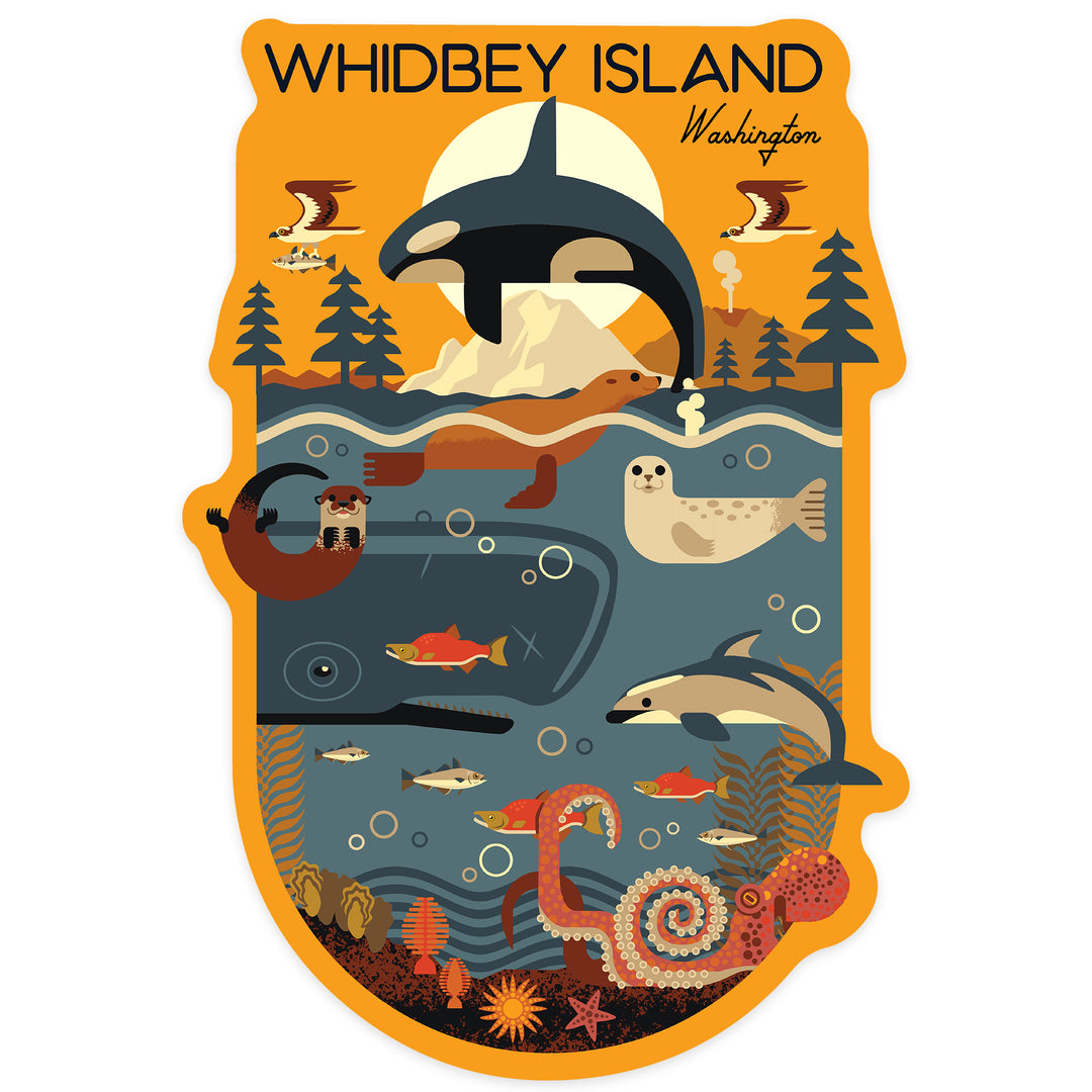Whidbey Island, Washington, Nautical Geometric, Contour, Vinyl Sticker