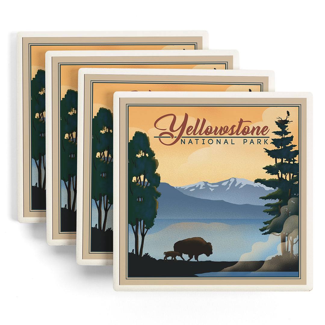 Yellowstone National Park, Bison and Lake, Lithograph National Park Series, Coasters