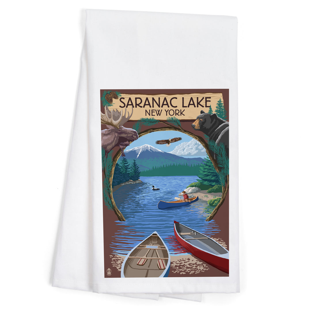 Saranac Lake, New York, Adirondacks Canoe Scene, Organic Cotton Kitchen Tea Towels