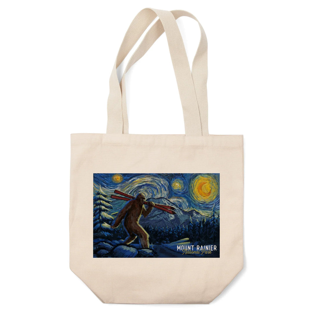 Mount Rainier, Washington, Starry Night, Winter Bigfoot with Skis, Tote Bag