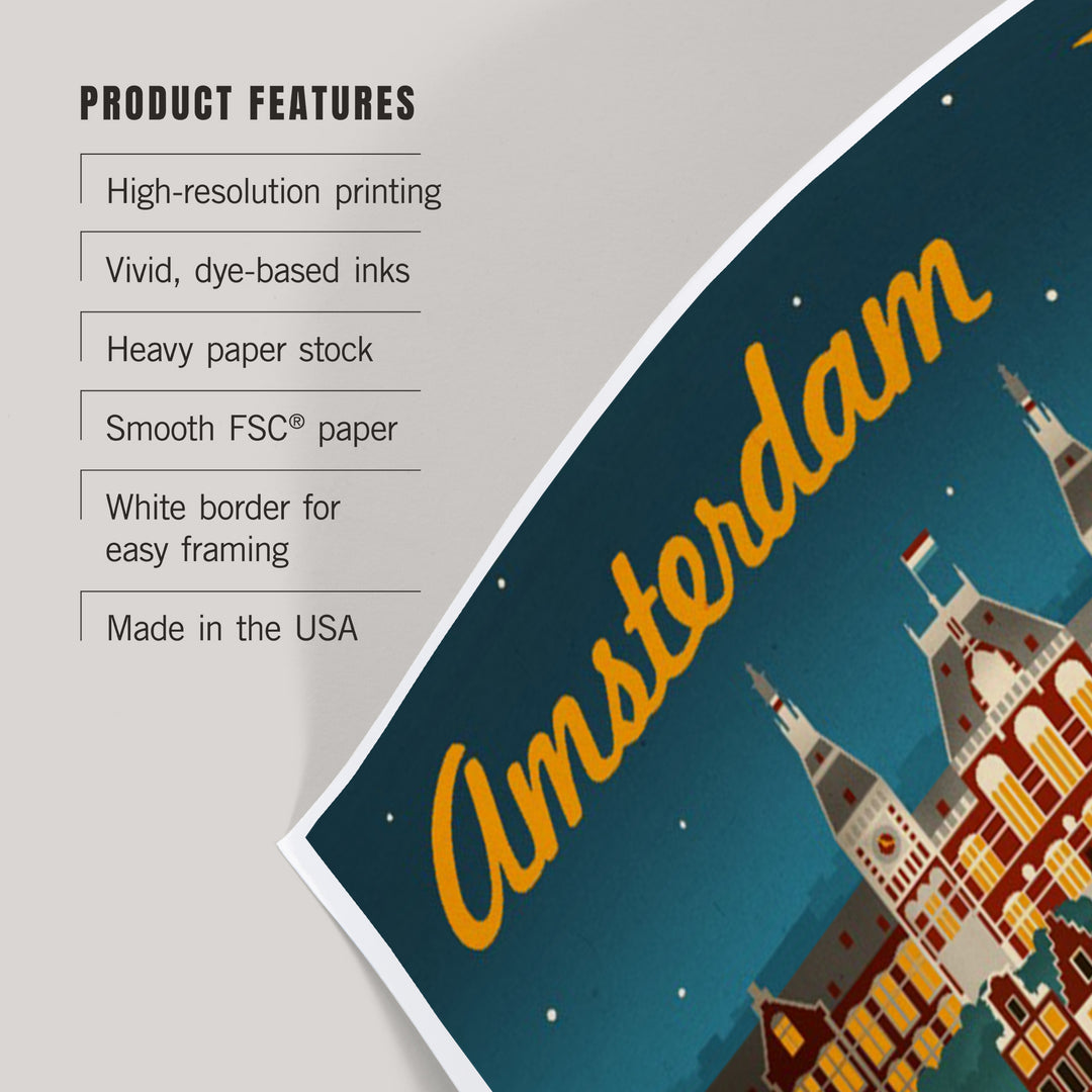 Amsterdam, Retro Skyline, Art & Giclee Prints