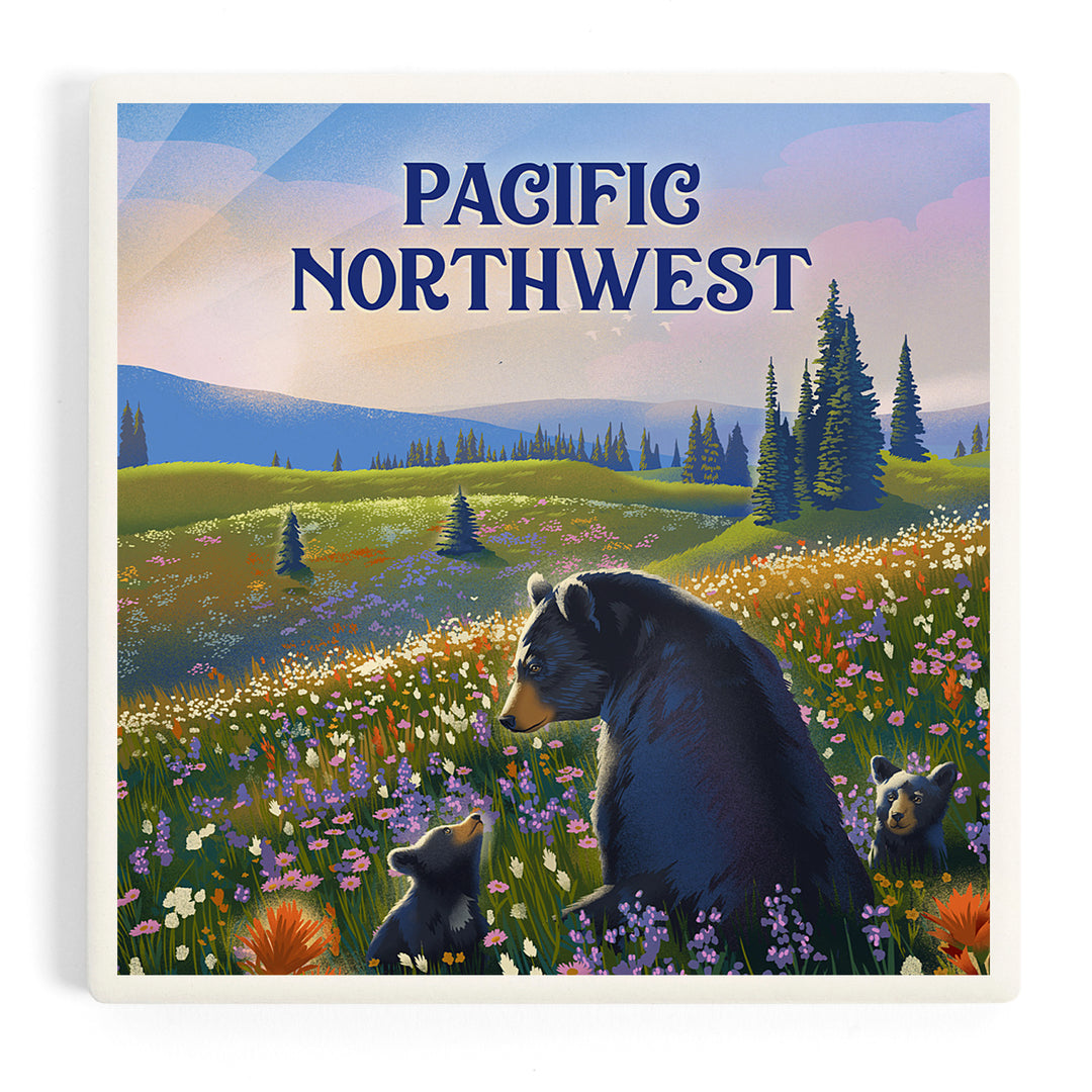 Pacific Northwest, Lithograph, Bear Family in Field, Coasters