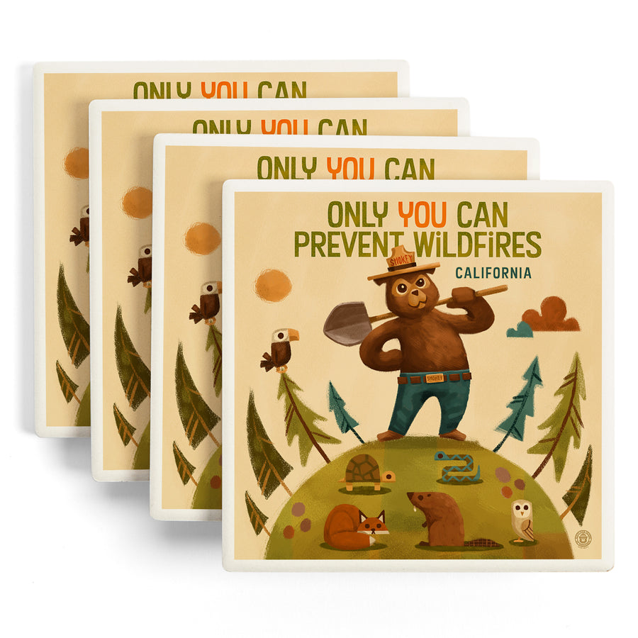 California, Smokey Bear with Shovel, Only You can prevent Wildfires, Coaster Set - Lantern Press