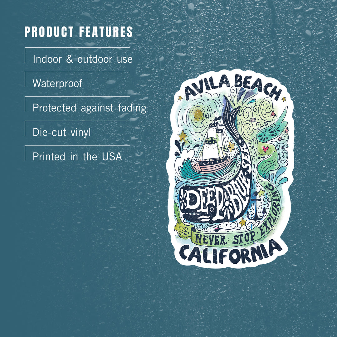 Avila Beach, California, Watercolor Whale, Deep Blue Sea, Contour, Vinyl Sticker