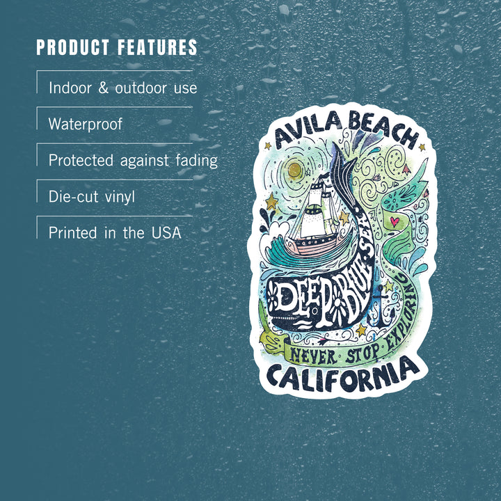 Avila Beach, California, Watercolor Whale, Deep Blue Sea, Contour, Vinyl Sticker