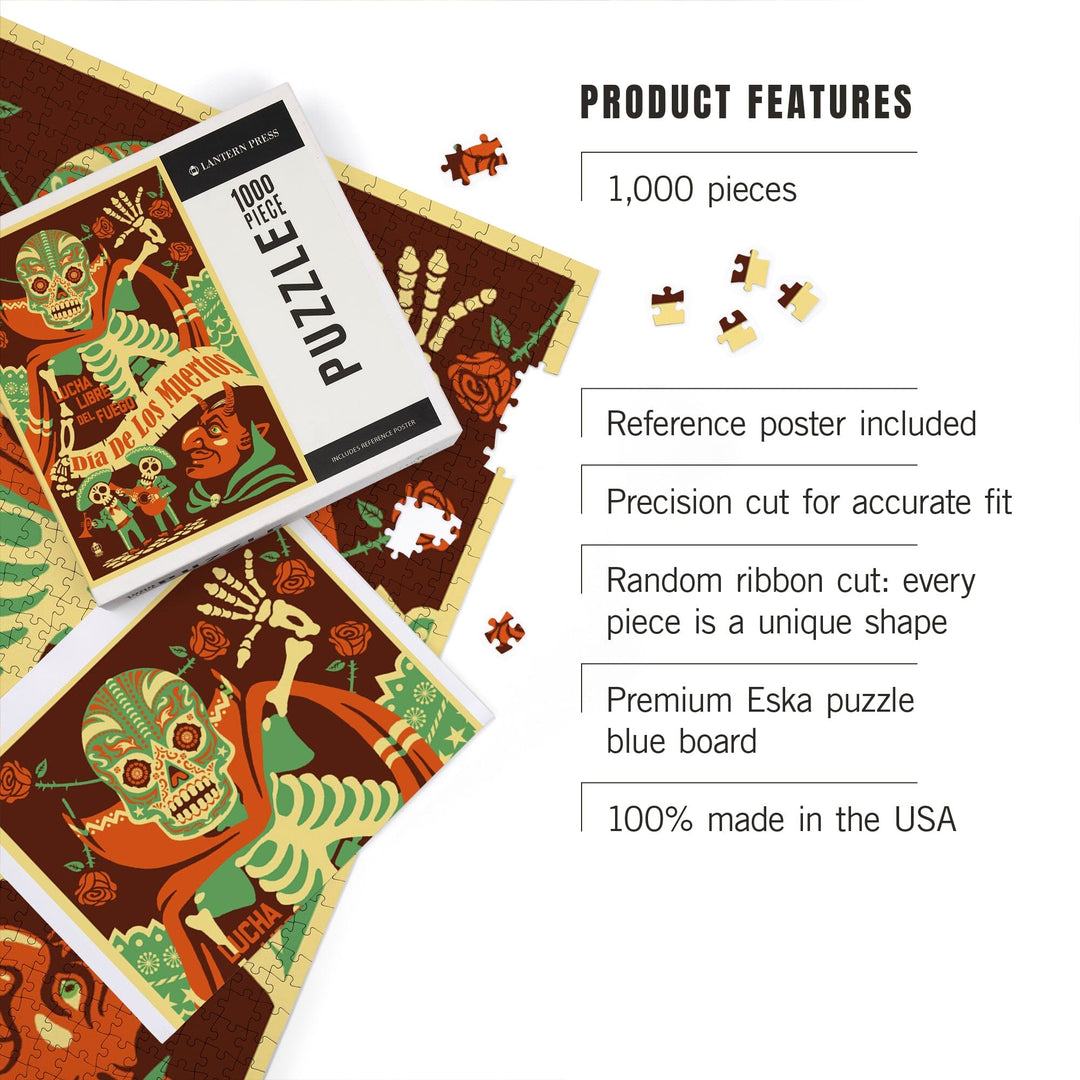 Dia de los Muertos (Day of the Dead), Lucha Libre del Fuego, Jigsaw Puzzle Puzzle Lantern Press 
