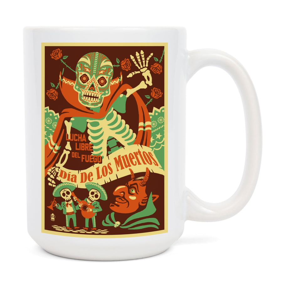 Dia de los Muertos (Day of the Dead), Lucha Libre del Fuego, Lantern Press Artwork, Ceramic Mug Mugs Lantern Press 