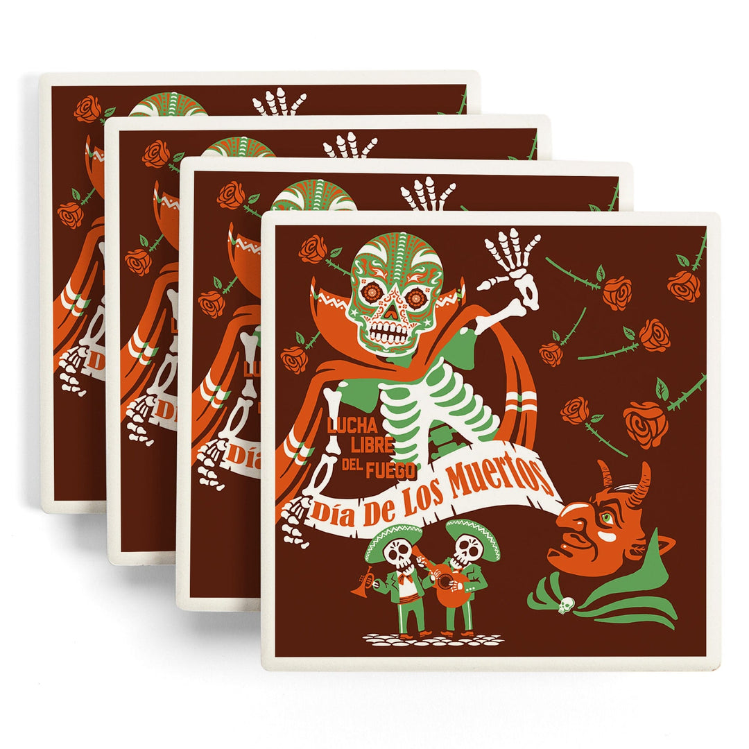 Dia de los Muertos (Day of the Dead), Lucha Libre del Fuego, Lantern Press Artwork, Coaster Set - Lantern Press