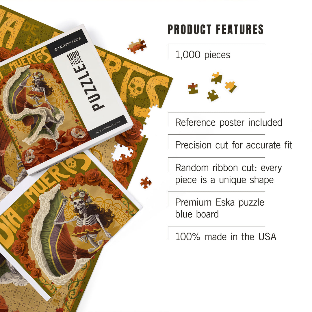 Dia De Los Muertos, Skeleton Dancing, Day of the Dead, Jigsaw Puzzle Puzzle Lantern Press 