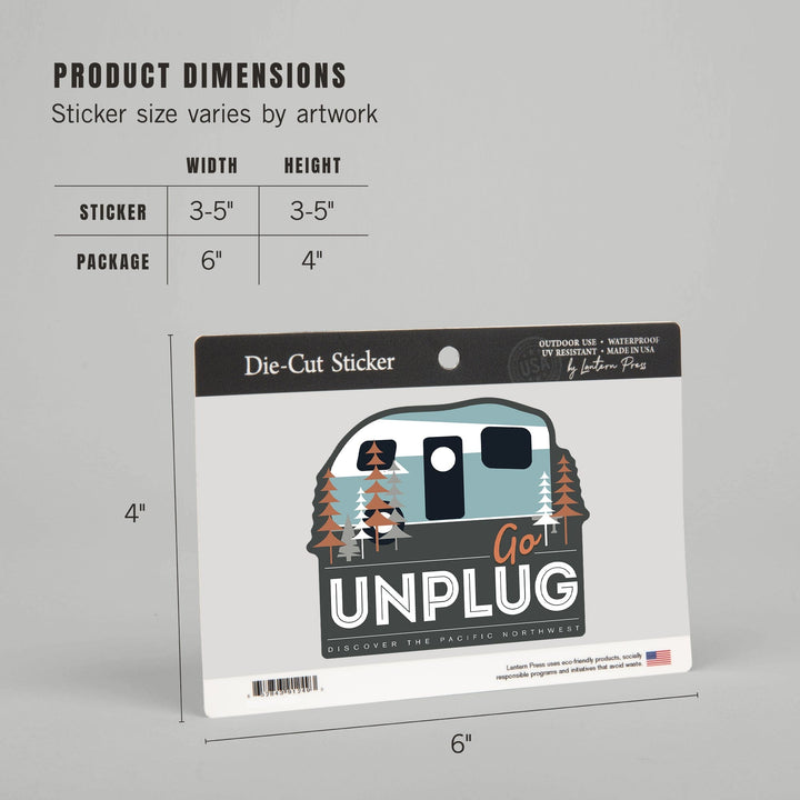 Discover the Pacific Northwest, Go Unplug (Retro Camper), Vector Style, Contour, Vinyl Sticker - Lantern Press