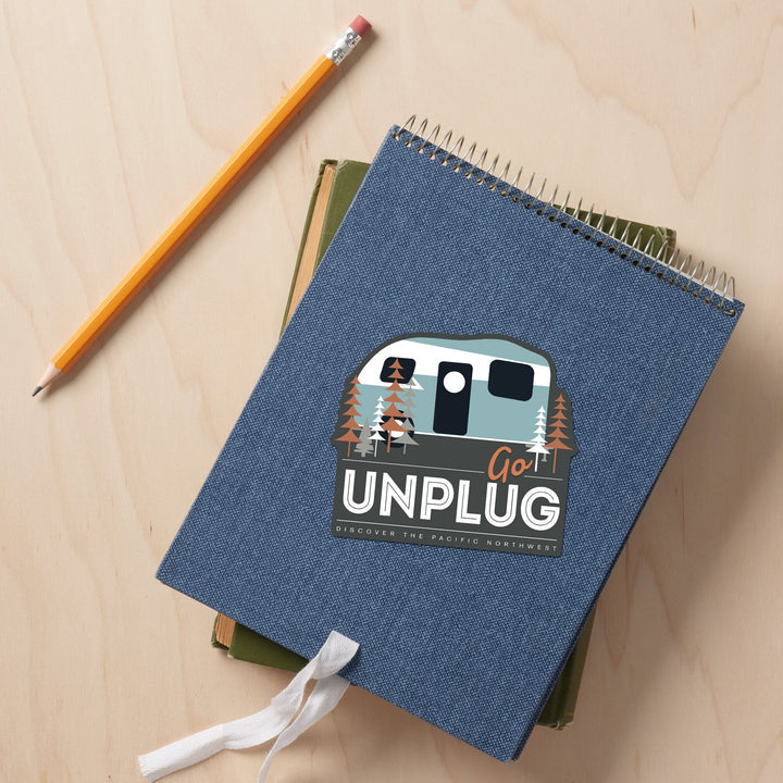 Discover the Pacific Northwest, Go Unplug (Retro Camper), Vector Style, Contour, Vinyl Sticker - Lantern Press