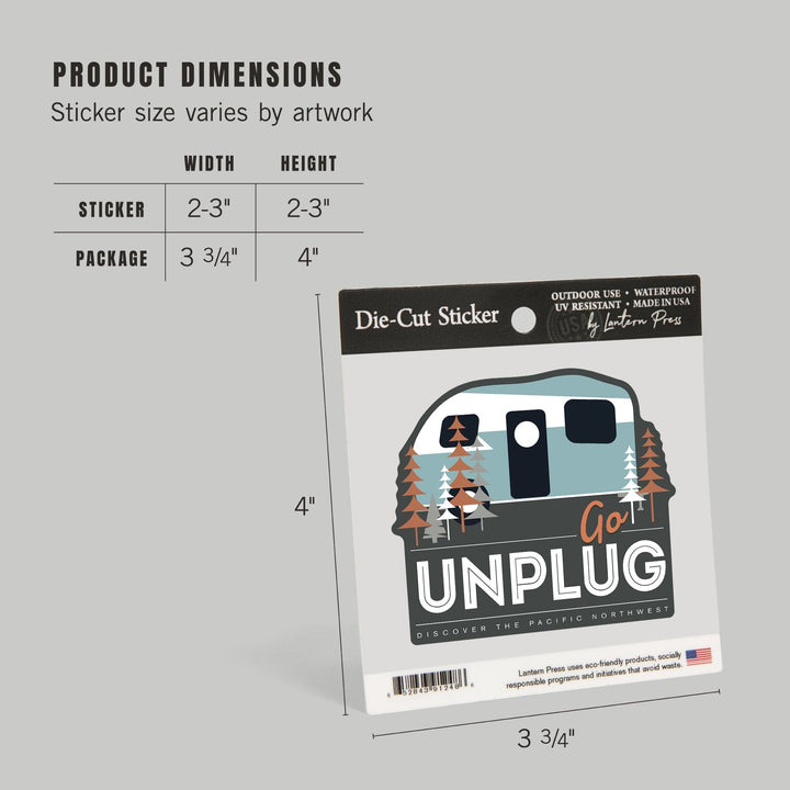 Discover the Pacific Northwest, Go Unplug (Retro Camper), Vector Style, Contour, Vinyl Sticker - Lantern Press