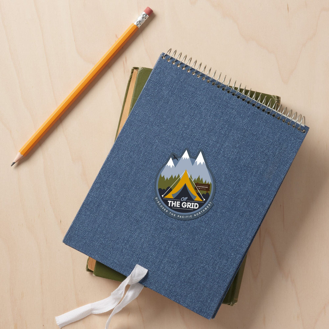 Discover the Pacific Northwest, Off the Grid, Tent, Contour, Vinyl Sticker - Lantern Press