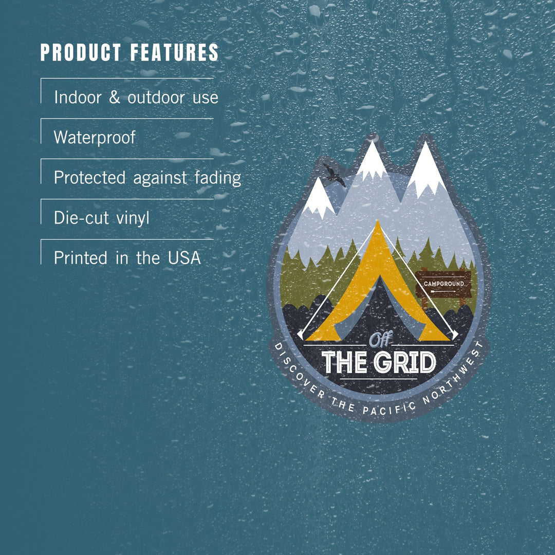 Discover the Pacific Northwest, Off the Grid, Tent, Contour, Vinyl Sticker - Lantern Press