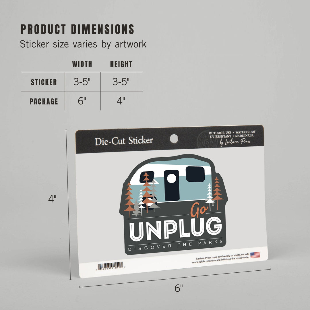 Discover the Parks, Go Unplug, Vector Retro Camper, Contour, Vinyl Sticker Sticker Lantern Press 