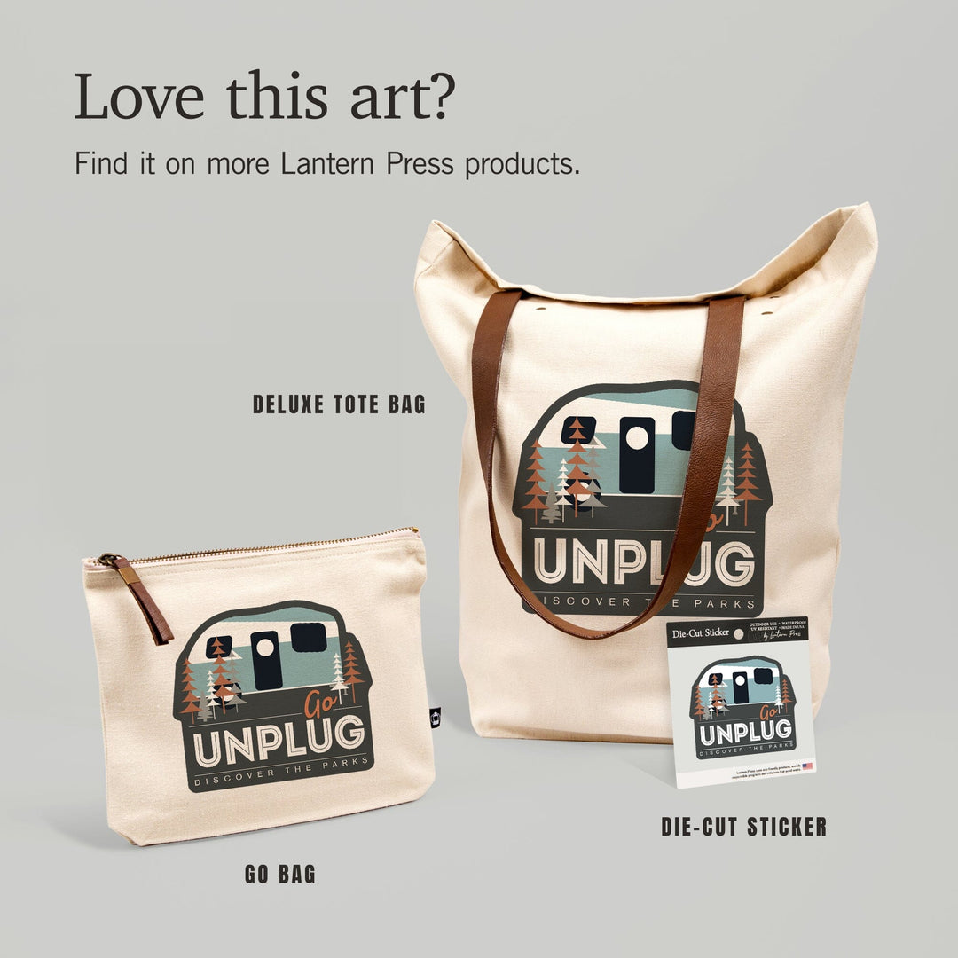 Discover the Parks, Go Unplug, Vector Retro Camper, Contour, Vinyl Sticker Sticker Lantern Press 