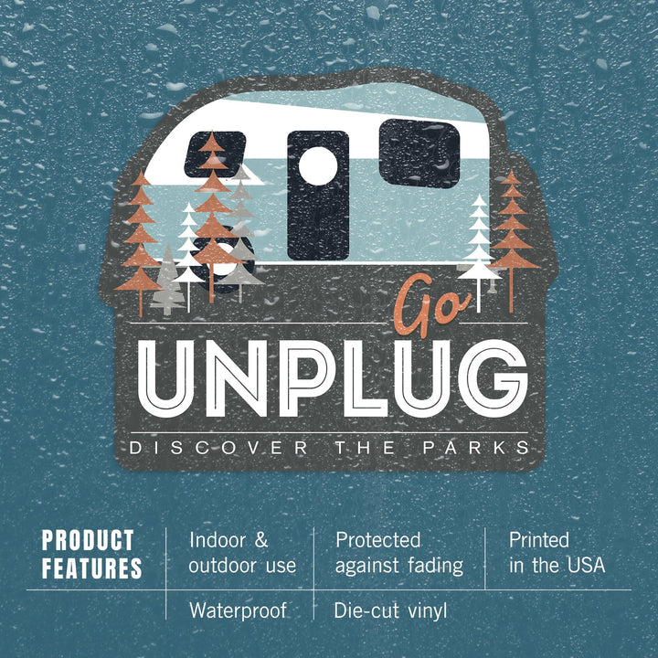 Discover the Parks, Go Unplug, Vector Retro Camper, Contour, Vinyl Sticker Sticker Lantern Press 