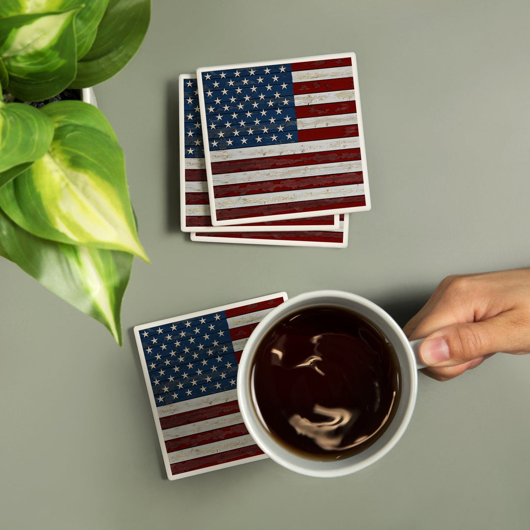 Distressed American Flag, Lantern Press Artwork, Coaster Set - Lantern Press