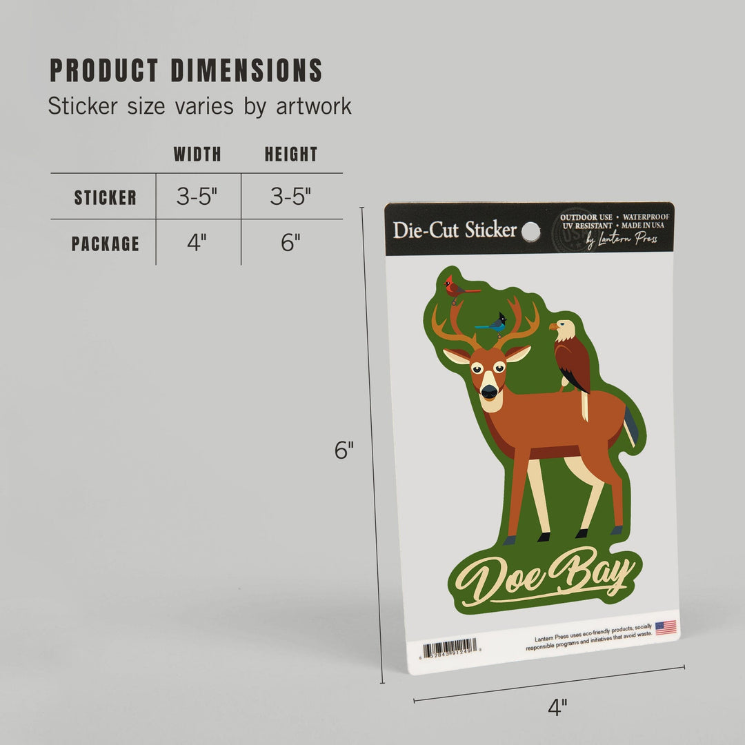 Doe Bay, Orcas Island, Washington, Deer and Birds, Geometric, Contour, Vinyl Sticker Sticker Lantern Press 